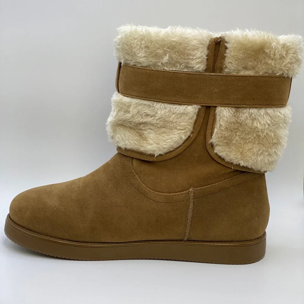 Guess Cozy Tan Faux Fur Buckle Detail Winter Boots Mid Calf Y2K Booties - 8